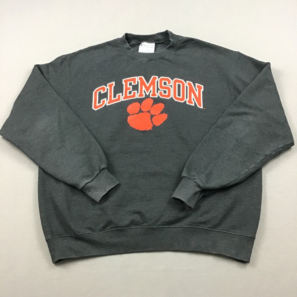Clemson Tigers Sweatshirt Men Large Gray Champion Crew Pullover Sweater NCAA L *